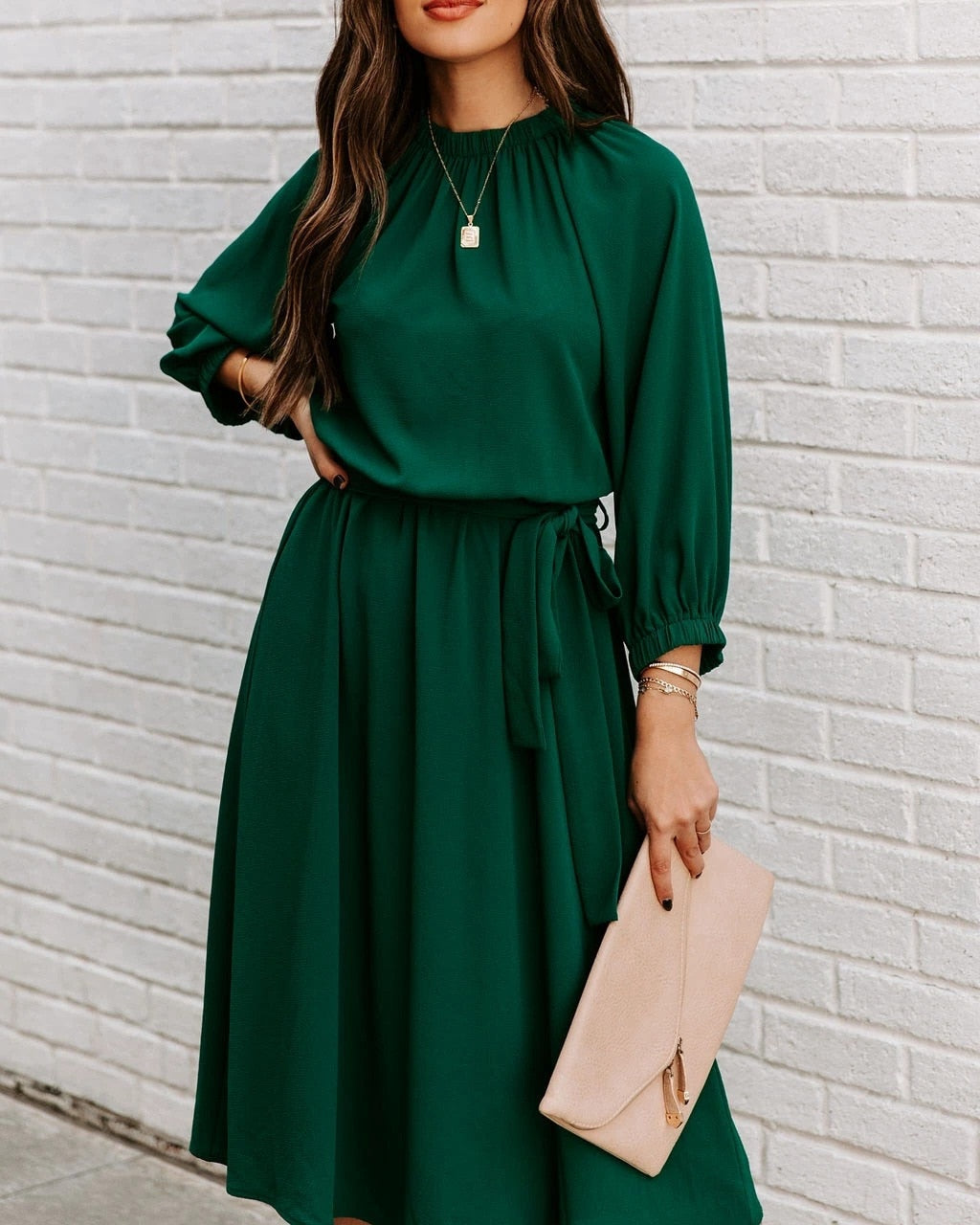 Elegant Office Dress Formal Loose Green Long Sleeve Belt ALine Midi Dresses