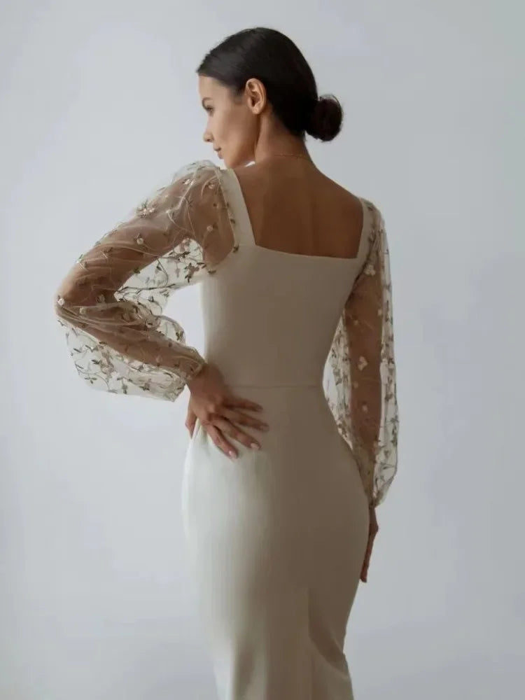 Isabella Boutique Evening and Party Dress with Square Neckline and Long Sleeves Premium Wardrobe Essential