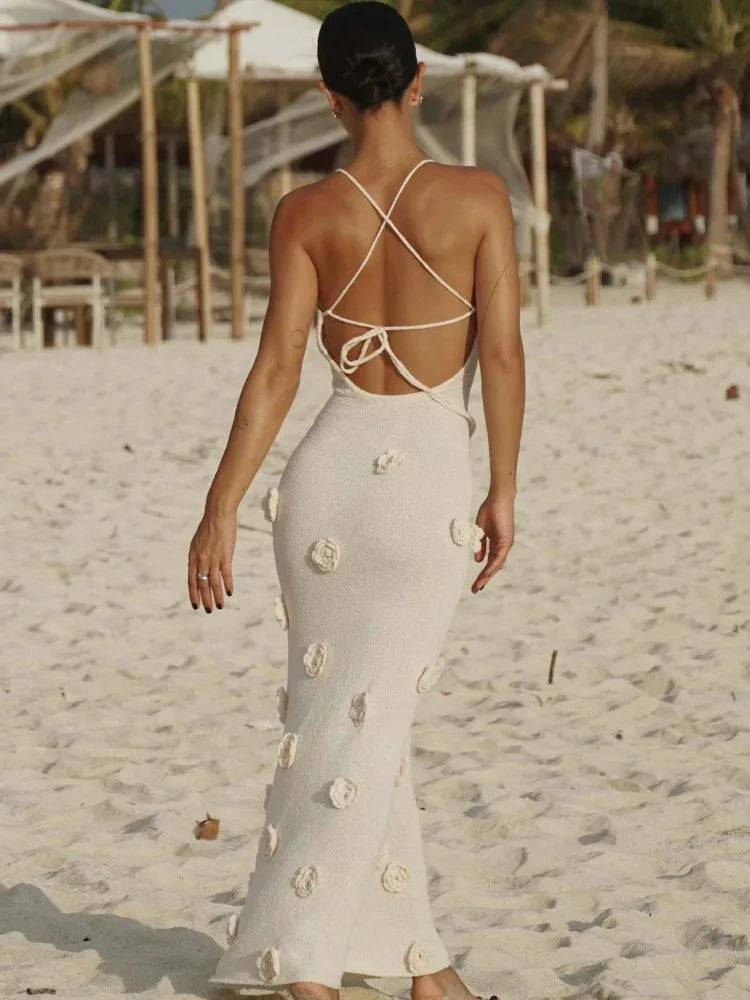 Halter Neck Flower Patchwork Lace - up Maxi Dress
