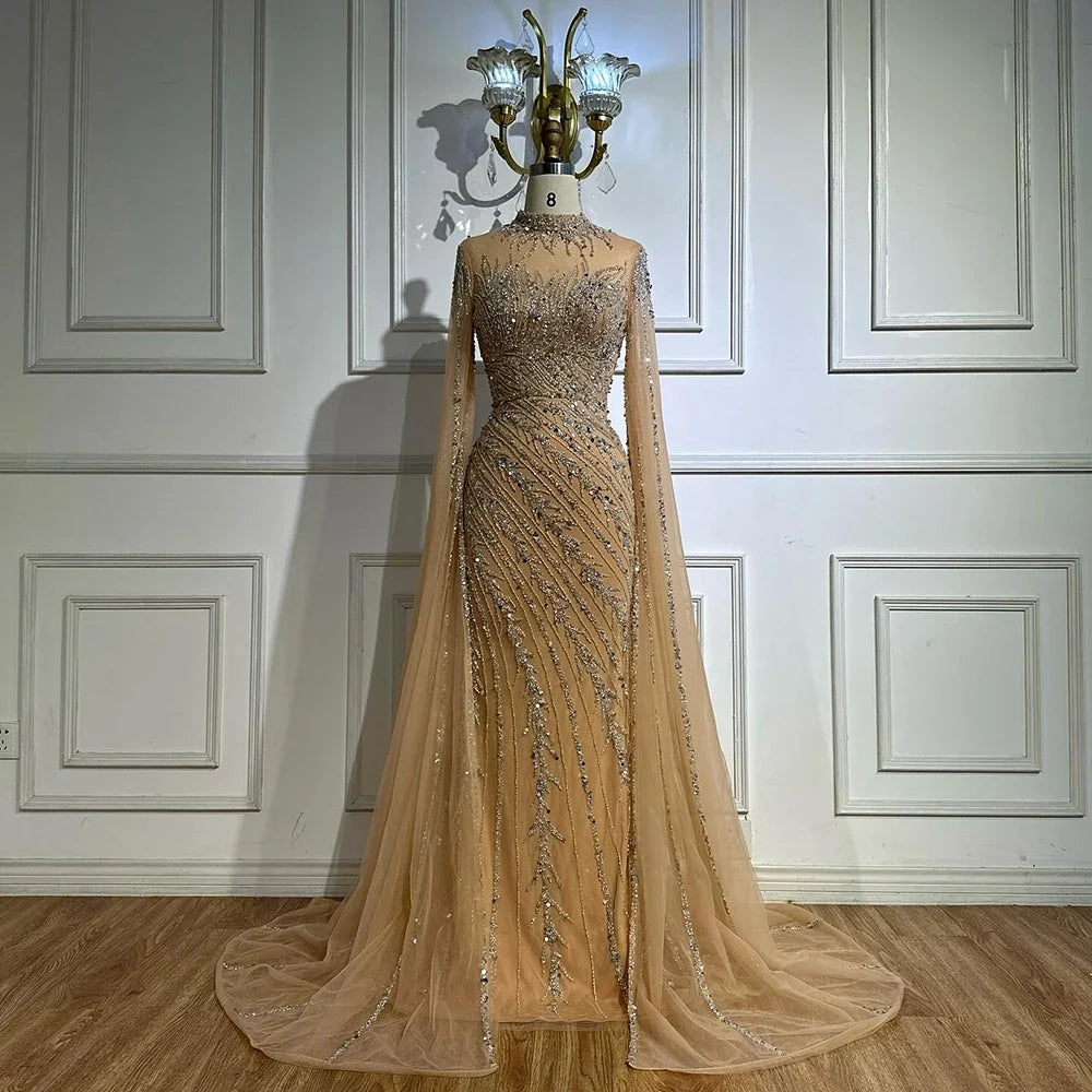 Zapdress Customized Caramel Mermaid Beaded Cape Sleeves Evening Dresses 2024 Dubai Party Gowns for Women Wedding DLA71885A (ZD17280)
