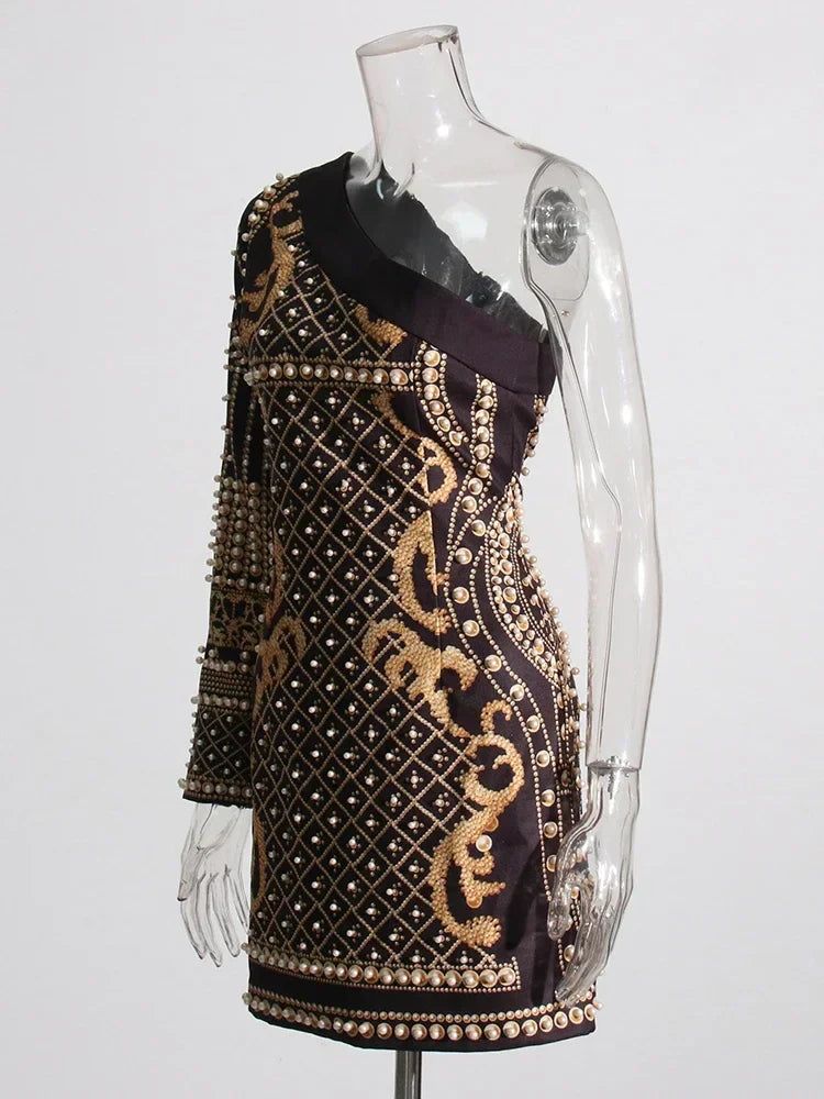 Printed Diagonal Neck Off One - Shoulder Patchwork Bead Dress