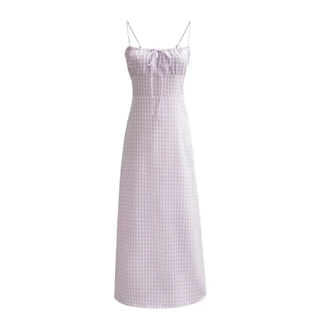 Spaghetti Strap Tie Up Plaid Pink Midi Dress