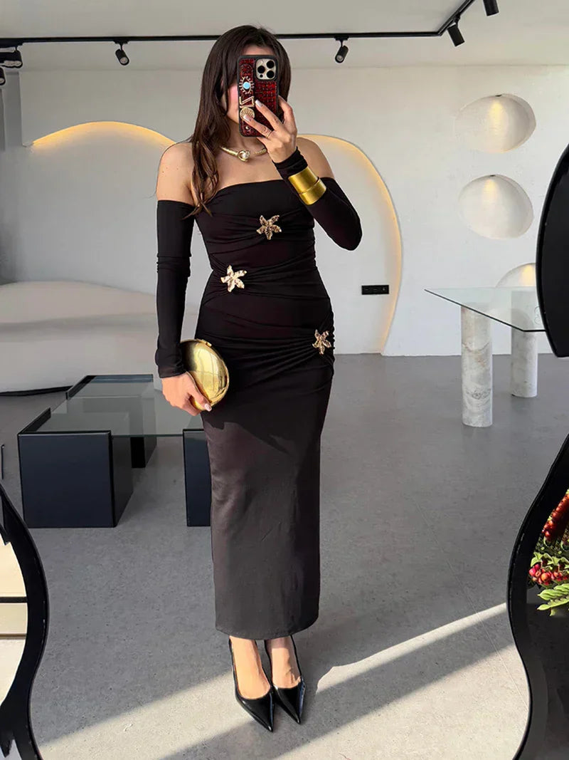 Metal Buckle Off - shoulder Backless Long Dress