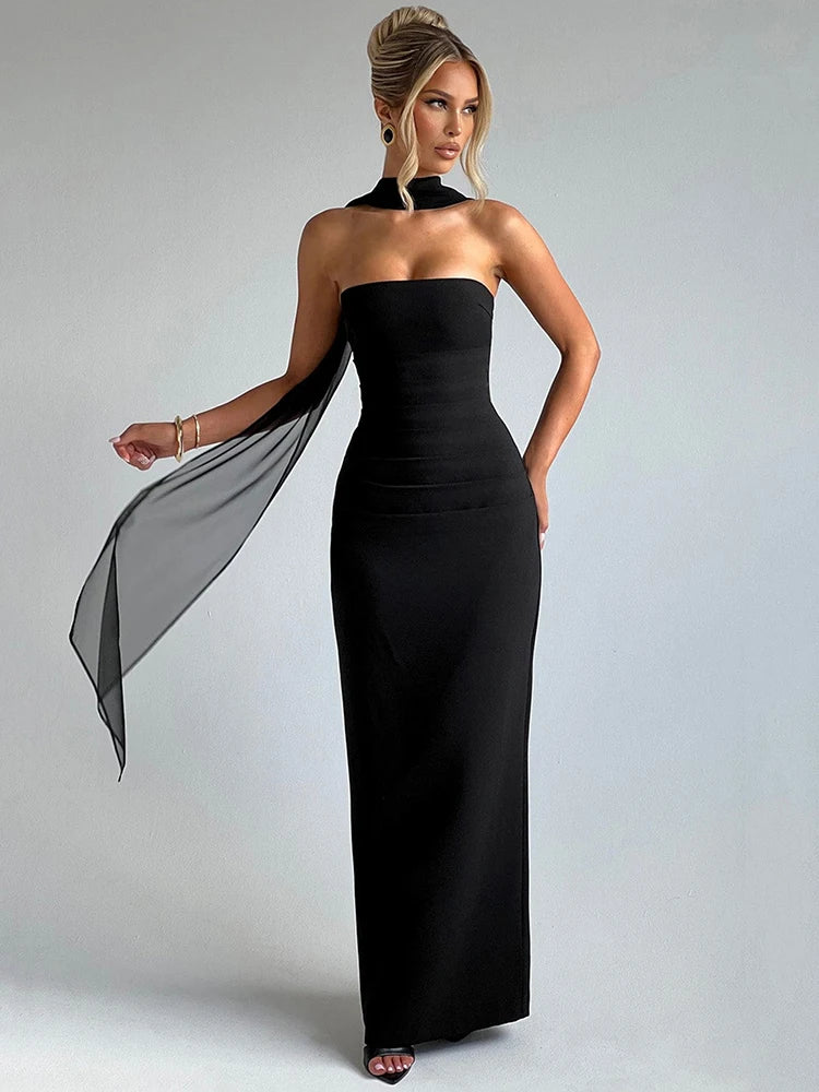 Scarf Collar Strapless Off - shoulder Long Dress