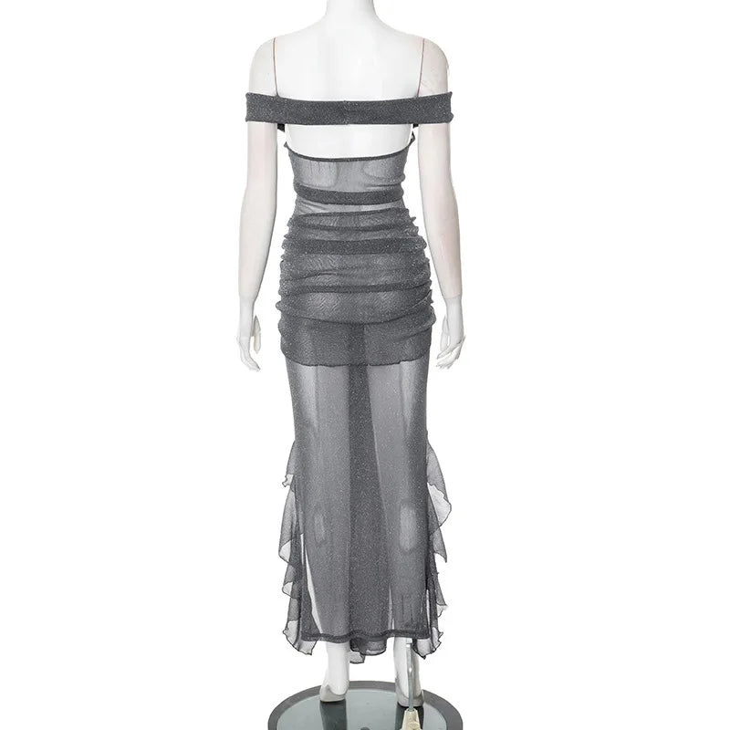 Mesh Ruffled Gray Off - shoulder Long Dress