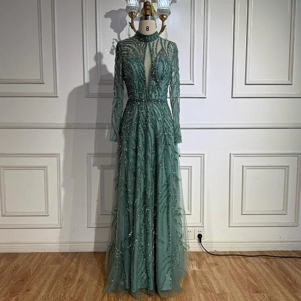 Zapdress Customized Elegant Turquoise A Line Evening Dress with High Neck Beaded Design for Women Formal Party Gown DLA71682A (ZD17384)