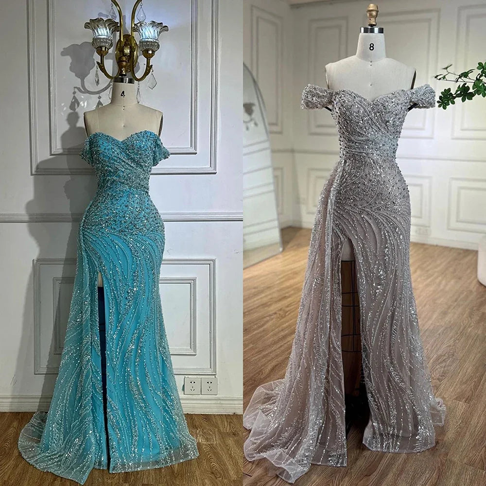 Zapdress Light Blue Off Shoulder Mermaid High Split Beaded Evening Dresses Party Gowns For Women 2025 DLA72262 Customized (ZD17269)