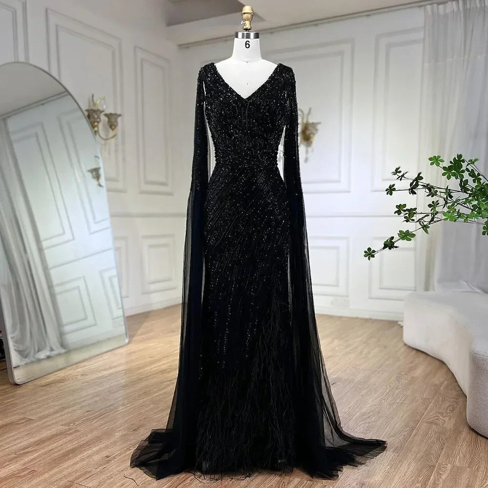 Zapdress Black Mermaid Cape Sleeves Feathers Beaded Evening Dresses Party Gowns with Split for Women DLA72216 Customized (ZD17215)