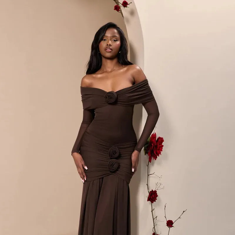 3D Flower - appliqué Mesh Long Sleeve Fishtail Maxi Dress