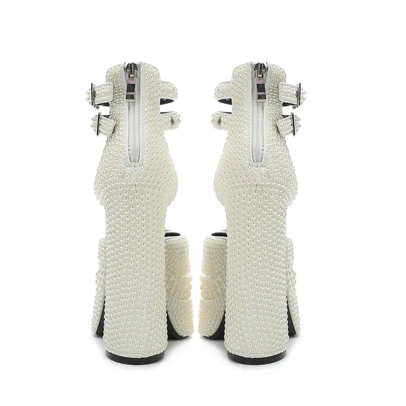 Luxury Handmade Full Pearls Beaded Ankle Strap Women Pumps Fashion Metal Buckle Platform Wedges High heels Party Wedding Shoes