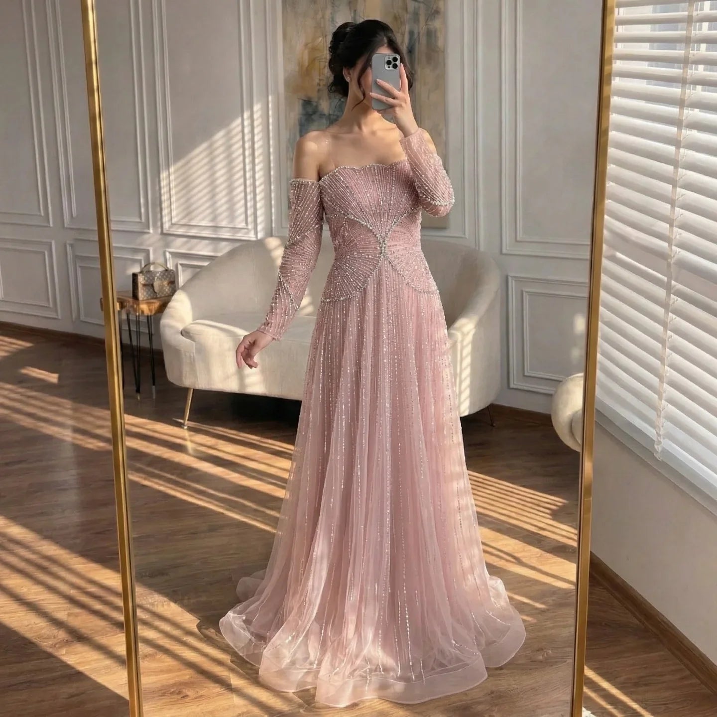 Zapdress Customized Off Shoulder Long Sleeves A-line Prom Dress for Women Formal Wedding Party Evening Gowns (ZD17263)