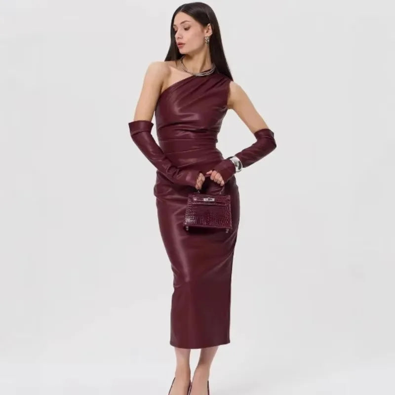 Off - Shoulder Strapless Faux Leather Patchwork Dress
