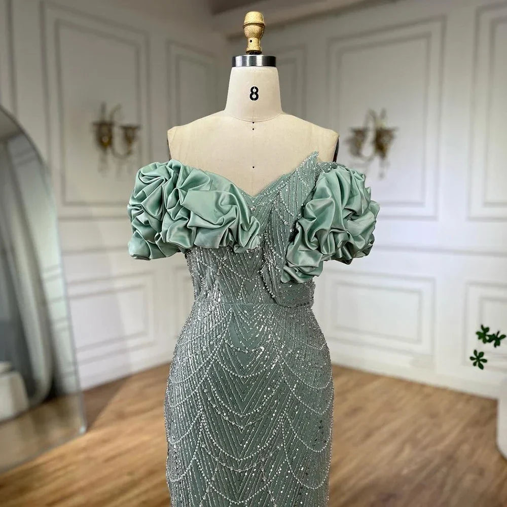Zapdress Customized Sage Green Off Shoulder Mermaid Evening Dresses 2024 Arabic Formal Gowns For Women Wedding Party (ZD17307)