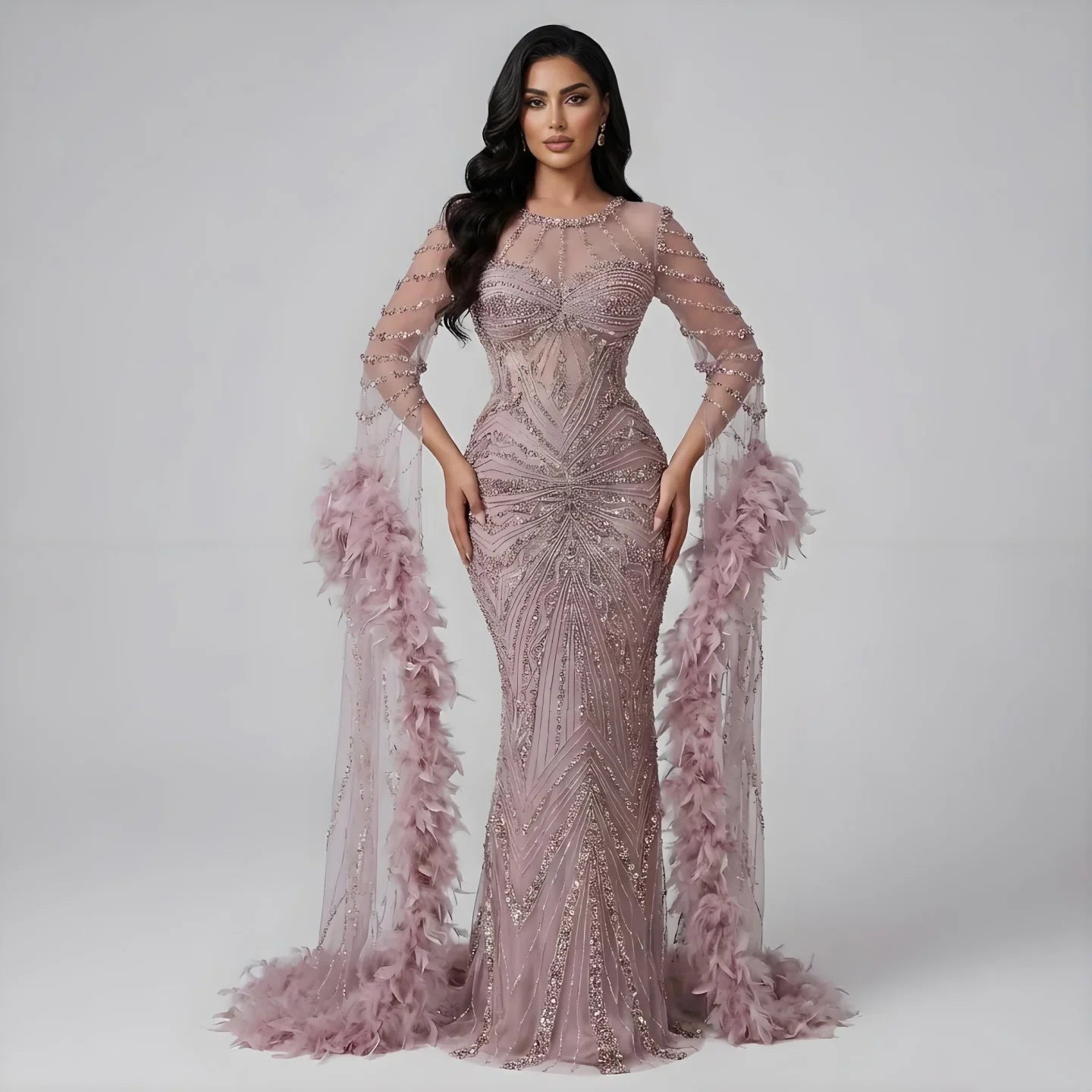 Zapdress Pink Luxury Beaded Mermaid Evening Dress Gowns with Feathers for Formal Occasion Customized DLA72708A (ZD17284)