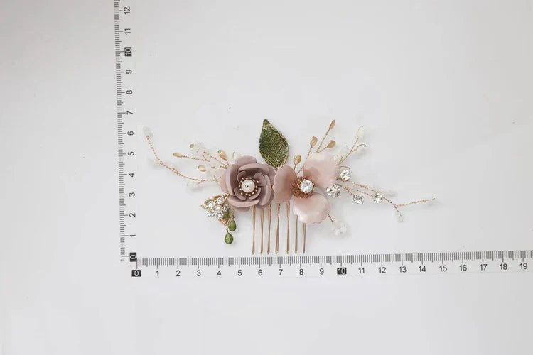 Wedding Accessories Pink Flower Hairpin Leaf Hair Comb Pin Clip For Brides Bridesmaids Crystal Pearl Head Piece Bridal Jewelry a