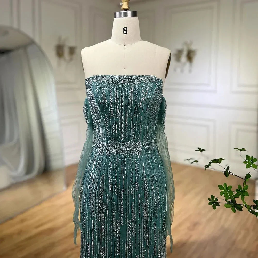 Zapdress Turquoise Strapless Mermaid Beaded Evening Party Dresses Gowns with Gloves Customized (ZD17249)