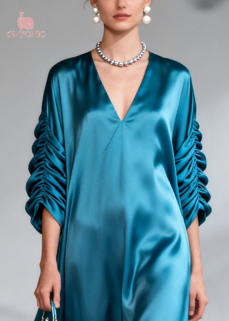Sea Blue Draping Silk Dress Oversized Wrinkled Summer