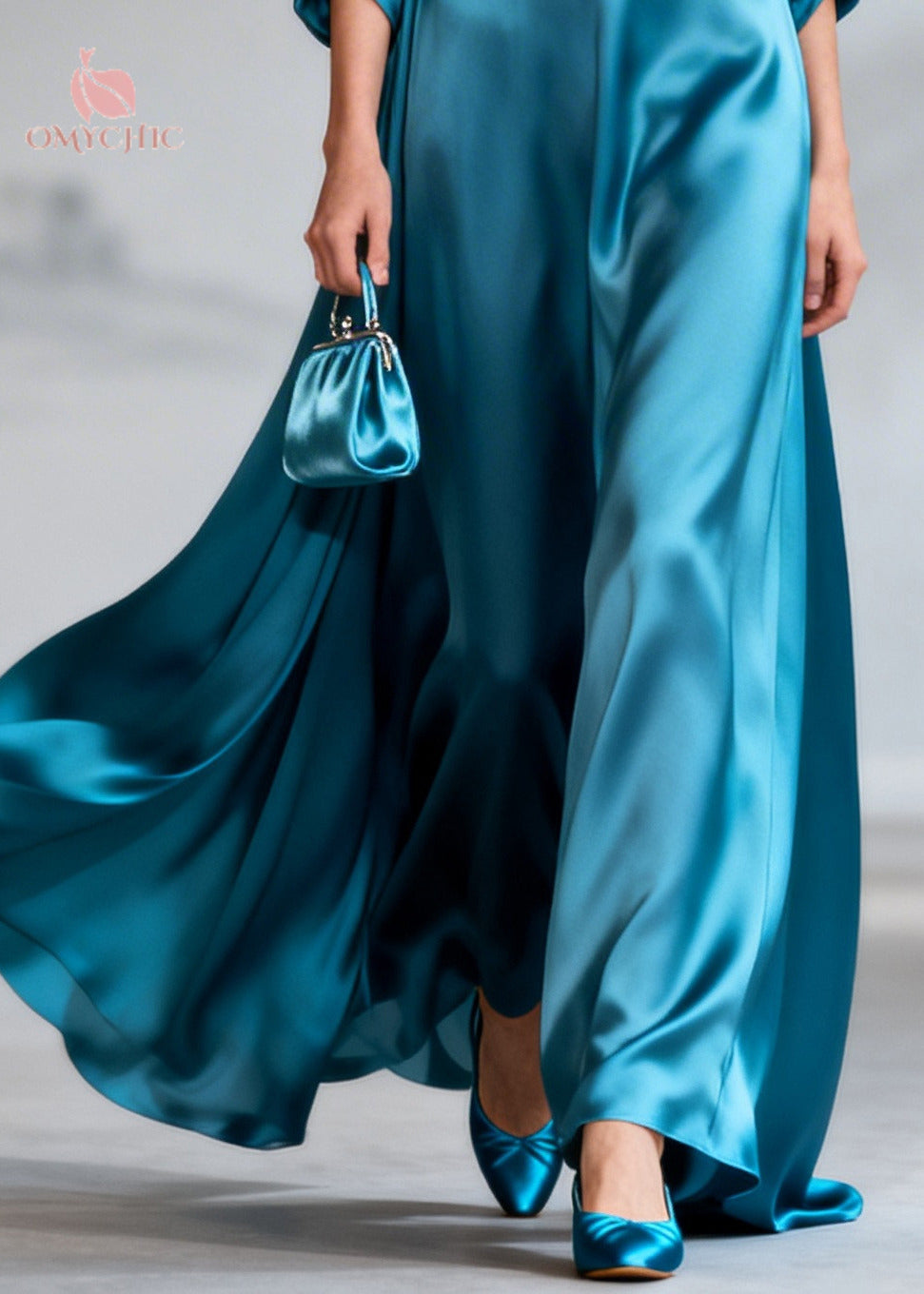 Sea Blue Draping Silk Dress Oversized Wrinkled Summer