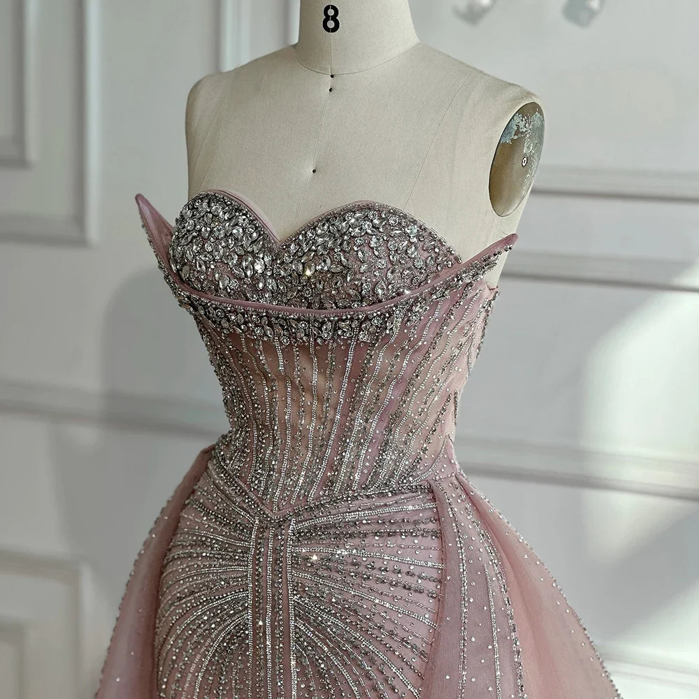 Zapdress Customized 2025 Pink Crystal Beaded Saudi Mermaid Evening Dresses Gowns with Overskirt for Formal Occasion (ZD17225)