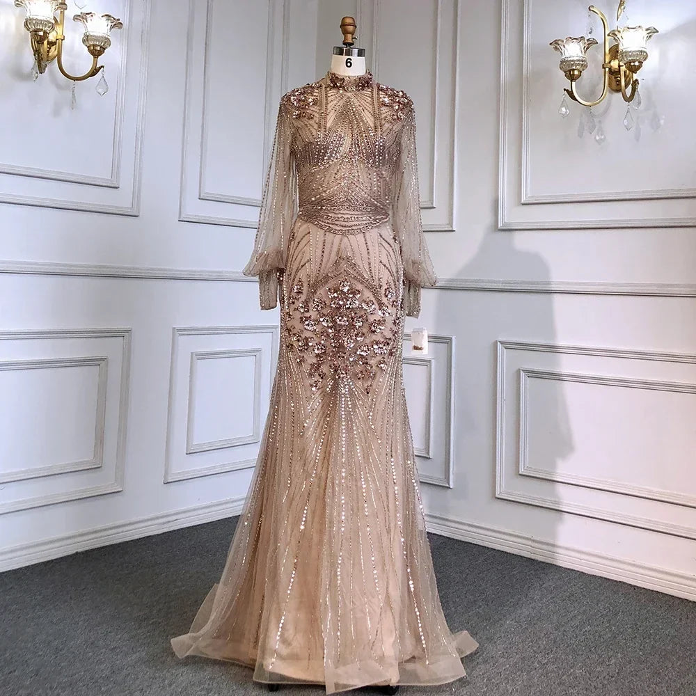 Zapdress Customized Silver Beaded Mermaid Evening Dresses 2025 Full Sleeves Elegant Party Gowns For Women (ZD17179)