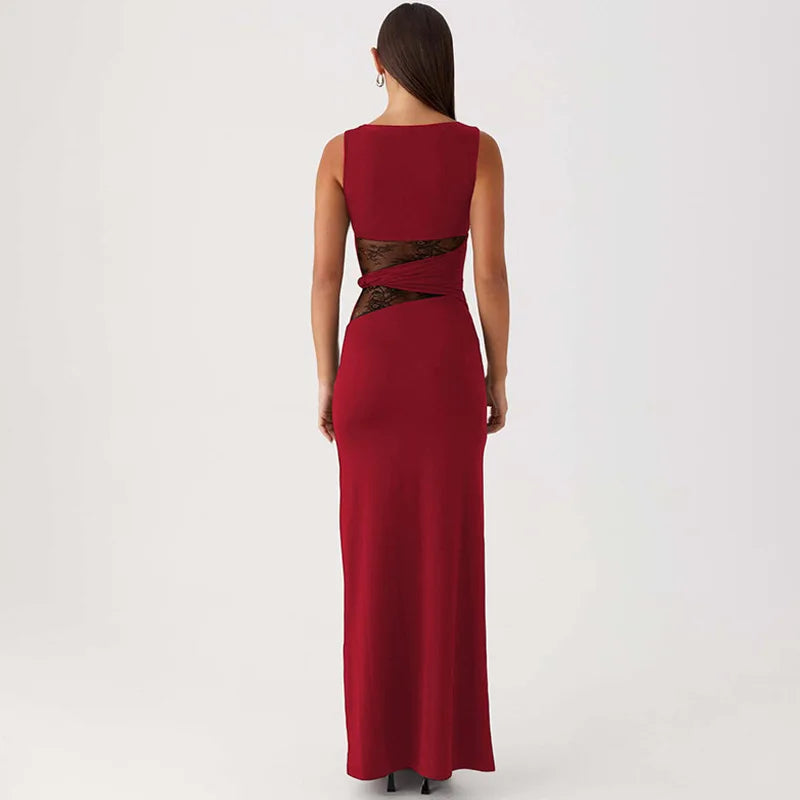 Sheer Lace O Neck Bodycon Long Tank Dress