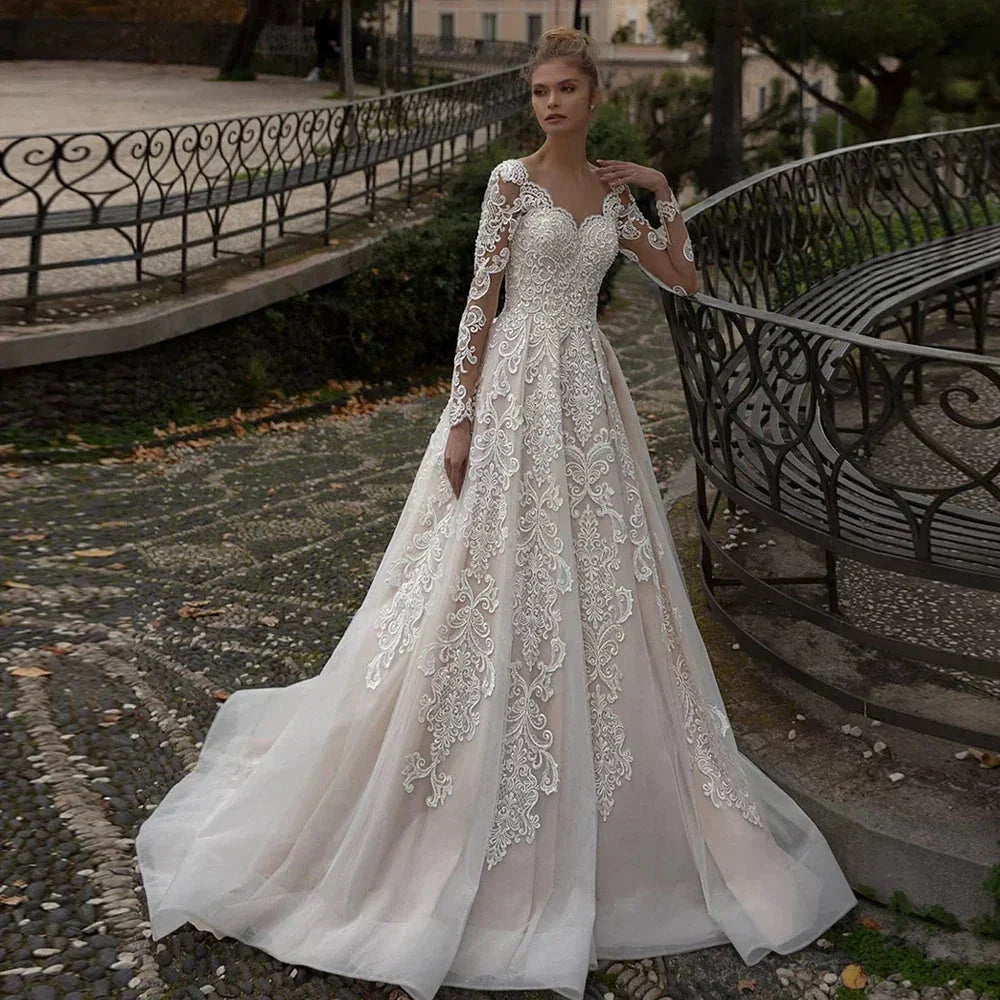 Modest Champagne Wedding Dress Appliques Long Sleeves Vestido De Noiva Sweep Train Sexy Backless Vestidos De Novia (ZD14036)