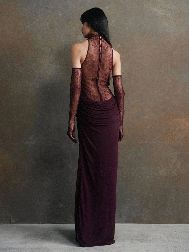 Turtleneck Pleated Gloves Backless Lace Dress - View 2 | VelvetHem