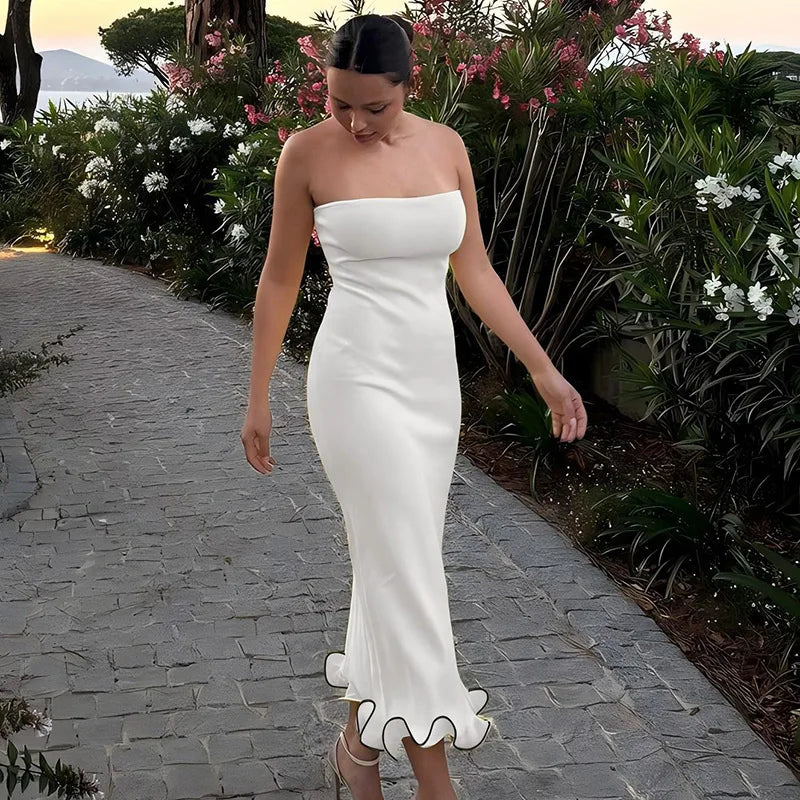 Frill Trim Tube Midi Dress