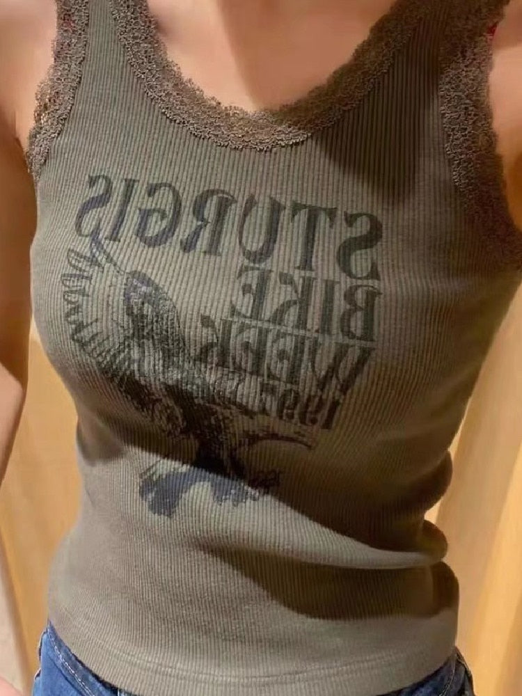 O Neck Sleeveless Tops Vintage Women Dark Green Lace Print Vest