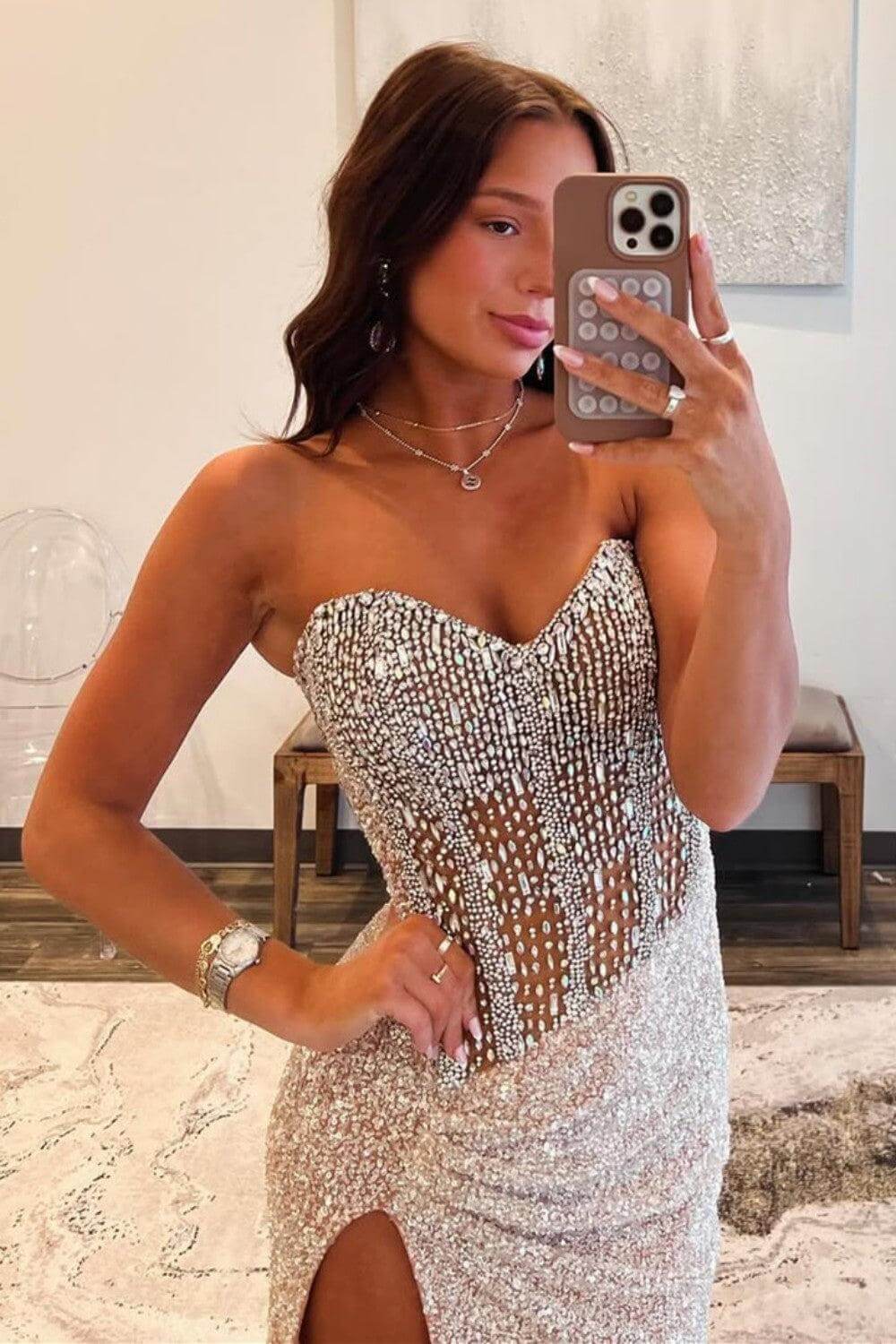 Beaded Blue Prom Dress Sweetheart Long Formal Dress With Slit