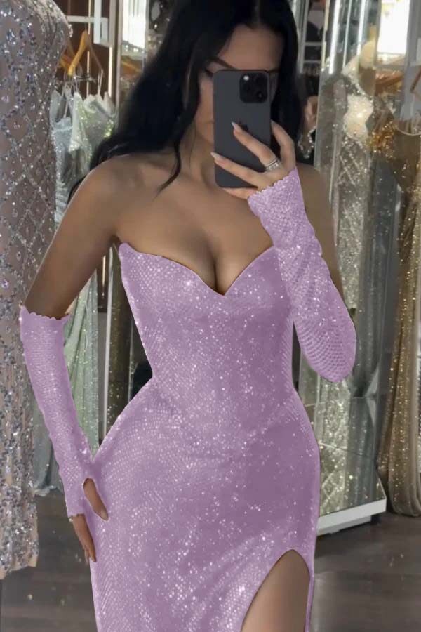 Sequin Strapless Long Mermaid Evening Formal Dress With Split Detachable sleeves