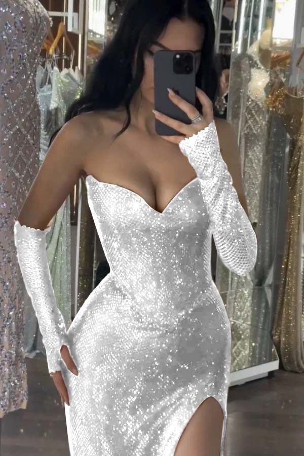 Sequin Strapless Long Mermaid Evening Formal Dress With Split Detachable sleeves