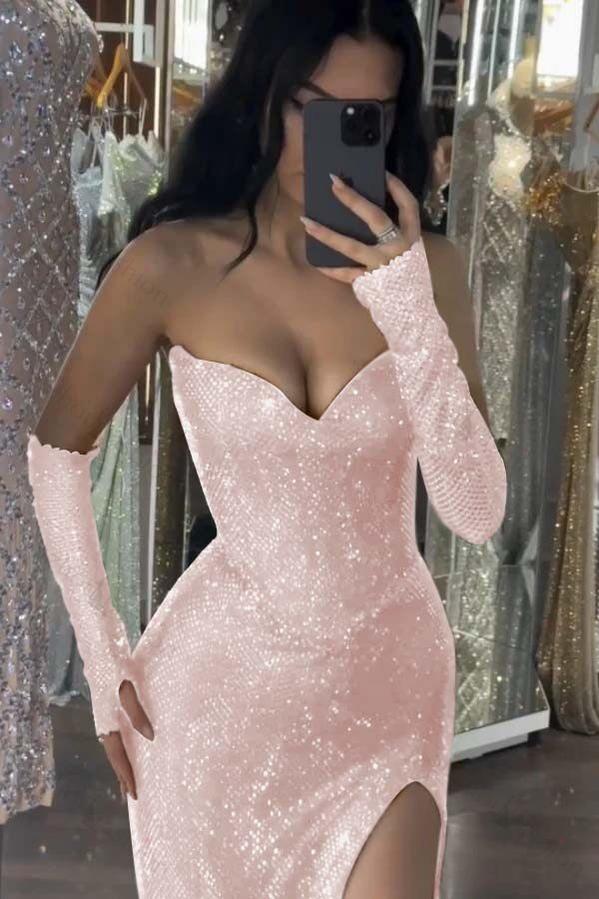 Sequin Strapless Long Mermaid Evening Formal Dress With Split Detachable sleeves