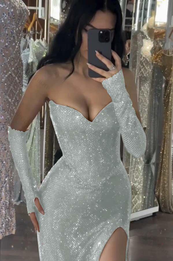 Sequin Strapless Long Mermaid Evening Formal Dress With Split Detachable sleeves
