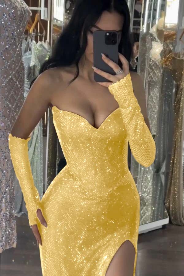 Sequin Strapless Long Mermaid Evening Formal Dress With Split Detachable sleeves