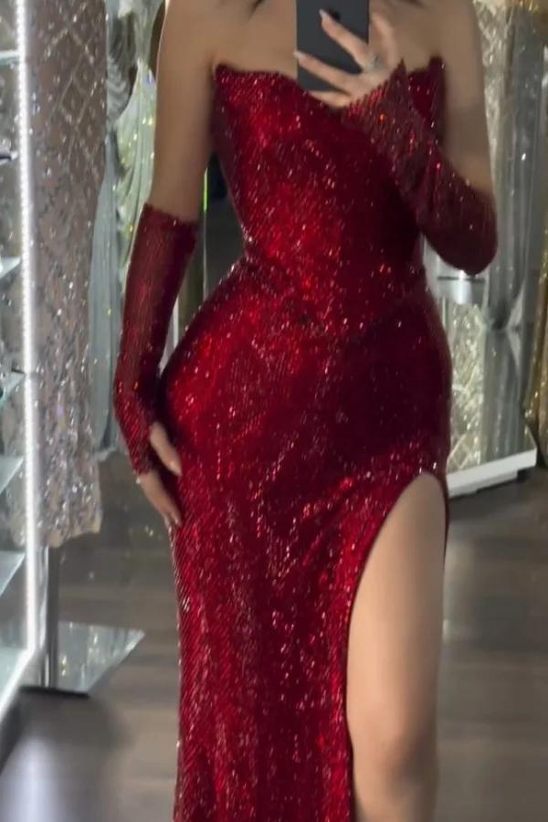 Sequin Strapless Long Mermaid Evening Formal Dress With Split Detachable sleeves