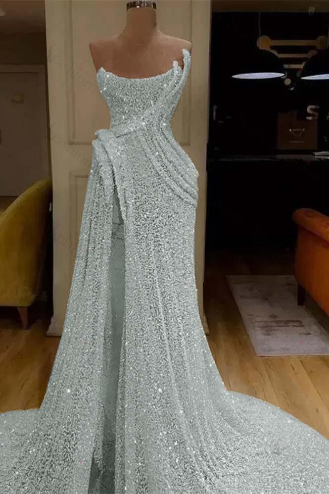 Sequin Strapless Sleeveless Long Mermaid Evening Formal Dress With Split