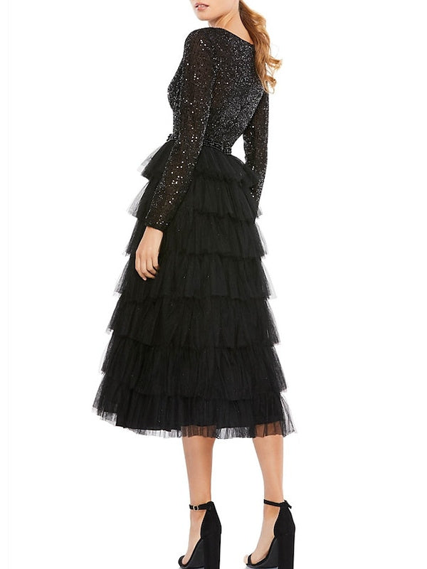 Sequin Tiered Tea Length A Line Dress with Jewel Neckline and Long Sleeves for the Mother of the Bride