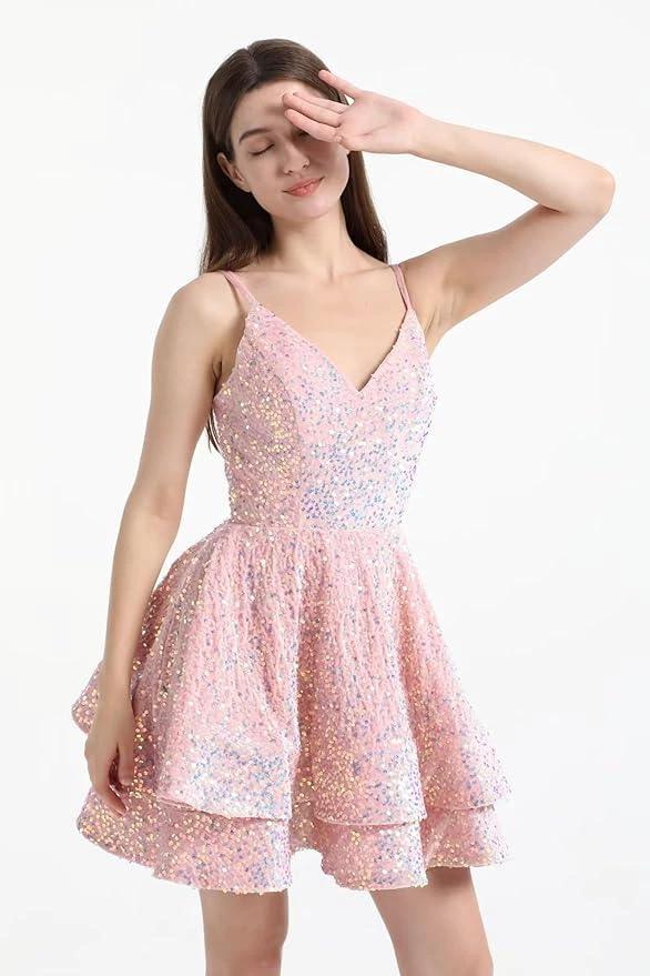 Sequin Homecoming Dresses for Teens Sparkly Short Prom Dresses SYH87 by vivymakudress