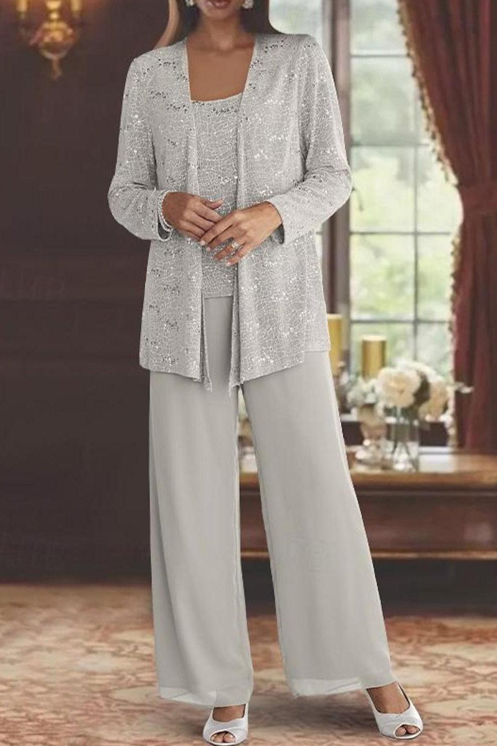 Sequined Chiffon Pantsuits for the Mother of the Bride with Jacket