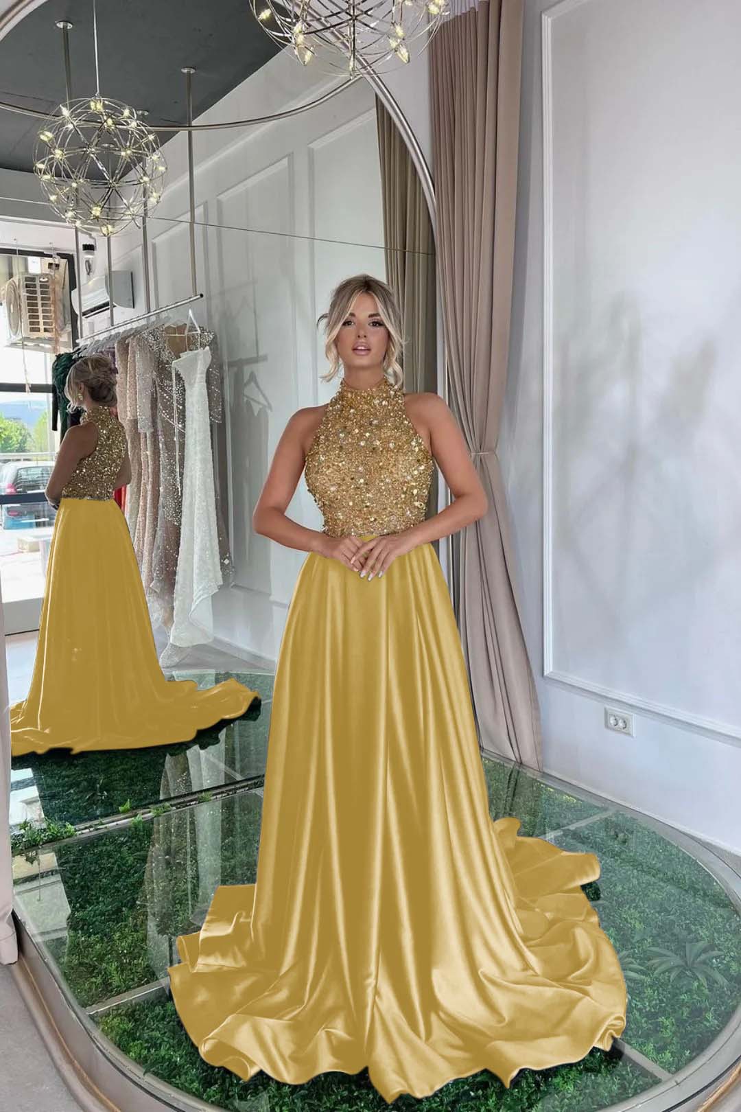 Sequined Evening Formal Dress Gold Long Sleeve Black Prom Dress