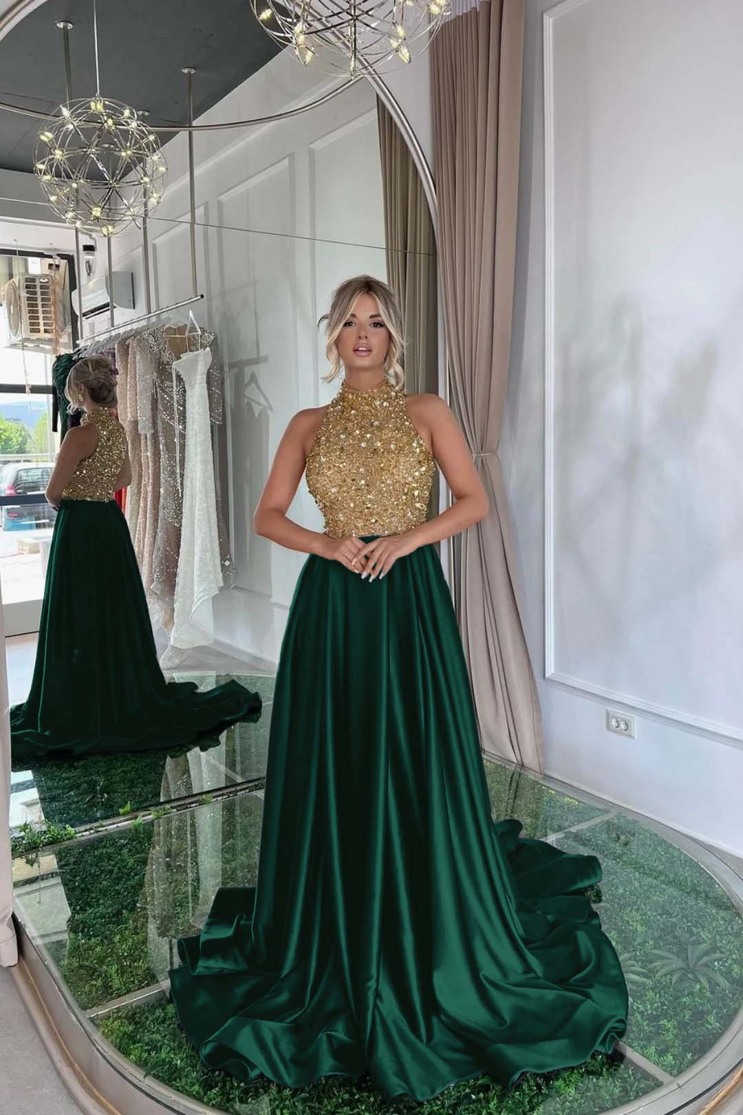 Sequined Evening Formal Dress Gold Long Sleeve Black Prom Dress