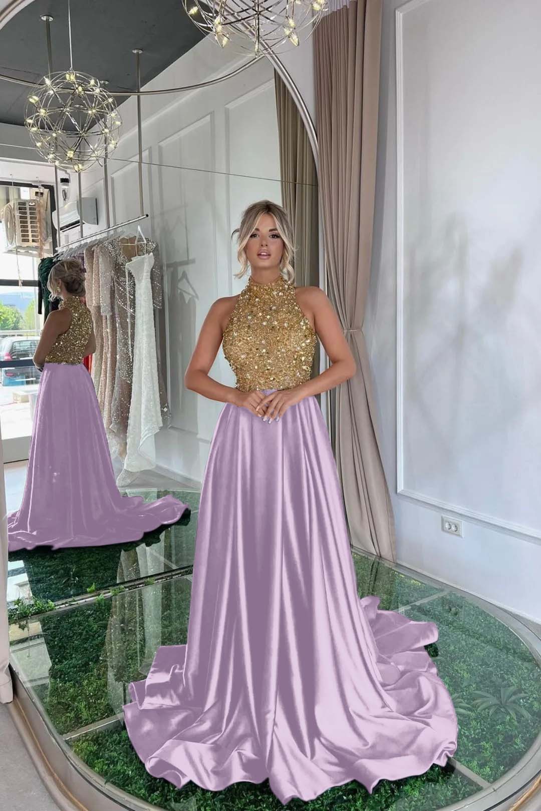 Sequined Evening Formal Dress Gold Long Sleeve Black Prom Dress
