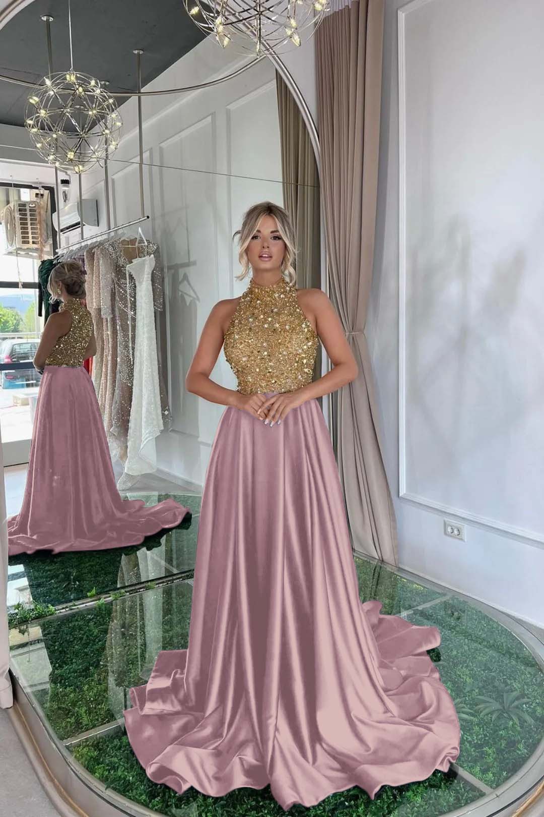 Sequined Evening Formal Dress Gold Long Sleeve Black Prom Dress