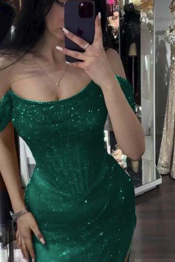 Sequined Off the Shoulder Sleeveless Long Evening Formal Dress With Split