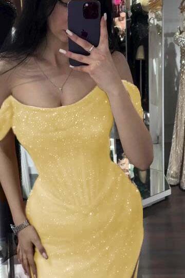 Sequined Off the Shoulder Sleeveless Long Evening Formal Dress With Split