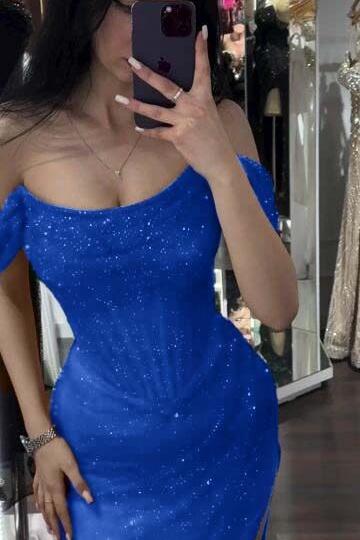 Sequined Off the Shoulder Sleeveless Long Evening Formal Dress With Split