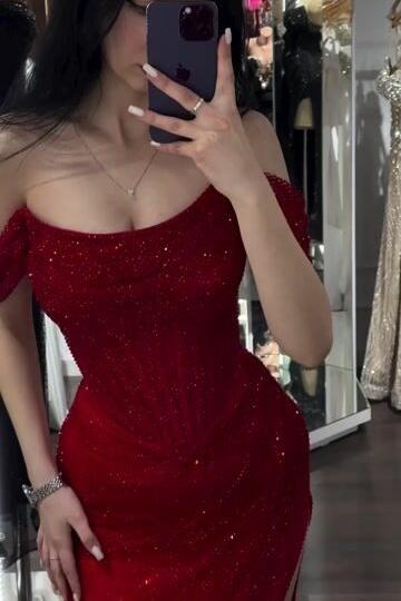 Sequined Off the Shoulder Sleeveless Long Evening Formal Dress With Split
