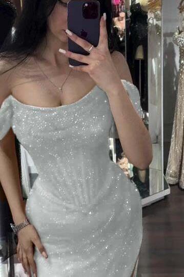 Sequined Off the Shoulder Sleeveless Long Evening Formal Dress With Split