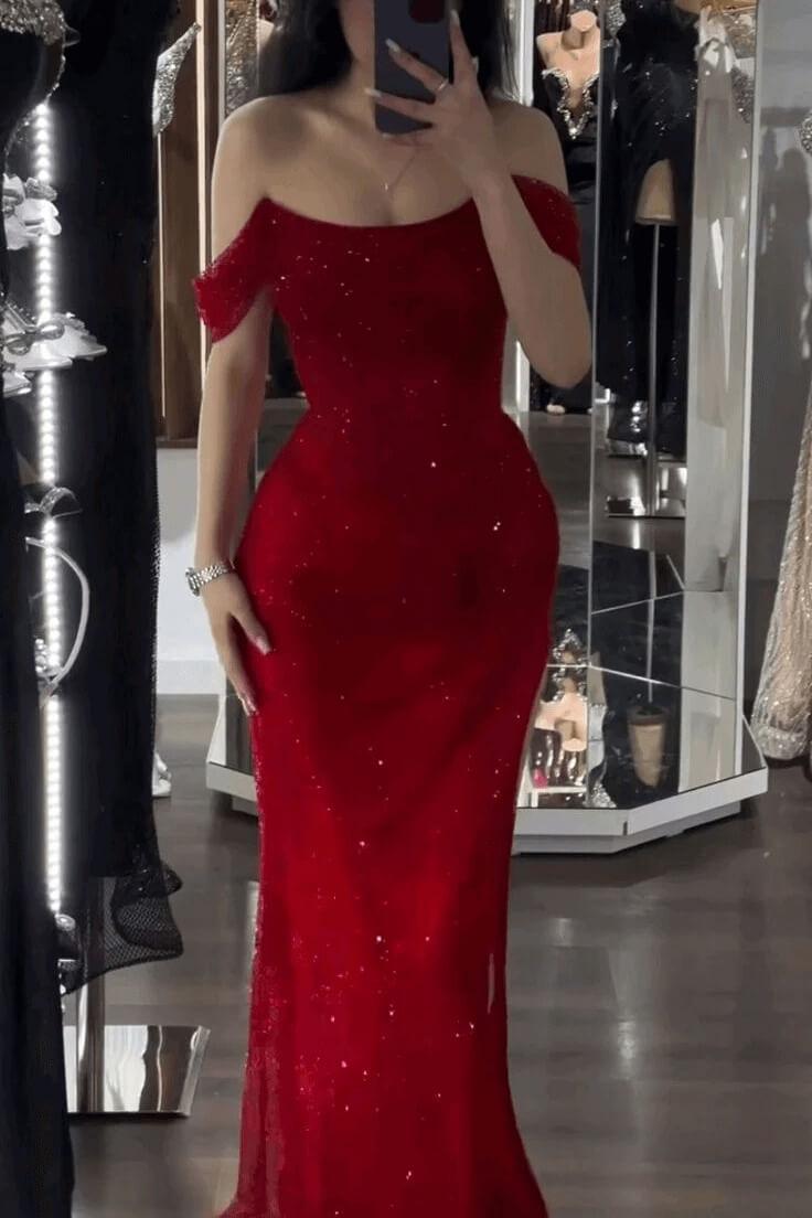 Sequined Off the Shoulder Sleeveless Long Evening Formal Dress With Split